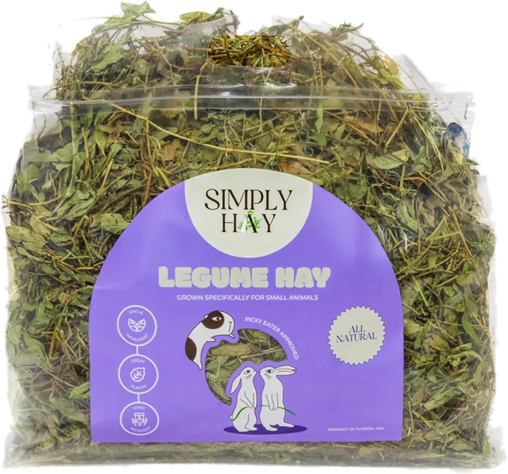 Simply Hay Legume hay in a clear bag with a purple label